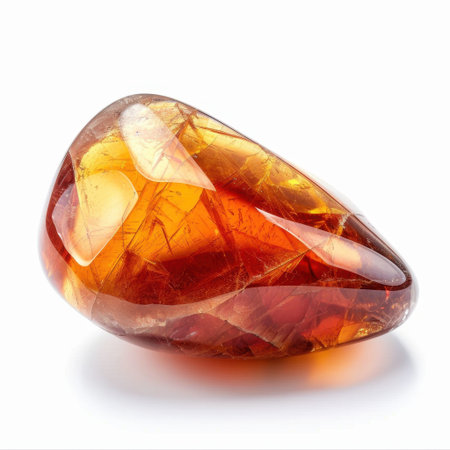 Captivating polished amber gemstone features a mix of orange and yellow hues, with intricate patterns enhancing its natural beauty, ideal for decoration or jewelry.の素材