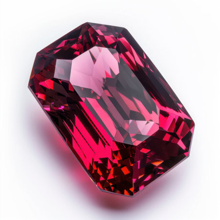 A mesmerizing deep crimson red gemstone showcases brilliant cut facets that reflect stunning light, emphasizing its exquisite beauty and elegance for jewelry or decoration.の素材