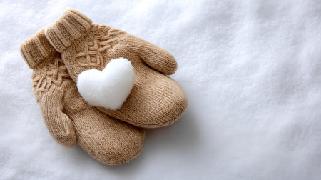 This image features cozy knitted mittens resting on soft white snow, adorned with a fluffy snow heart, embodying warmth and affection for wintertime.の素材