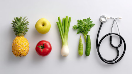 A vibrant display of fresh fruits and vegetables alongside a stethoscope highlights the essential role of nutrition in maintaining health and wellness.の素材