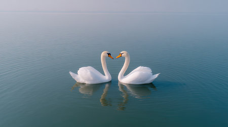 Two elegant swans glide gracefully across a tranquil lake, their reflections perfectly mirrored in calm waters, creating a serene and romantic scene at dawn.の素材