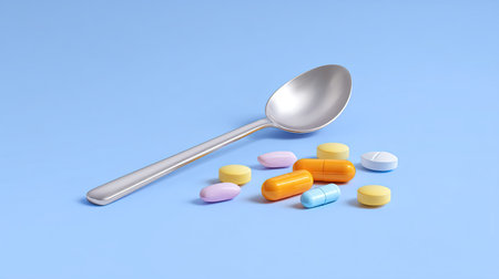A silver spoon rests alongside colorful pills and capsules on a soft blue background. This image illustrates essential elements of health and wellness in medication.の素材