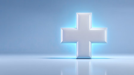 A sleek medical cross symbol shines with a glow against a soft blue background, embodying themes of healthcare, support, and wellness in a modern design.の素材