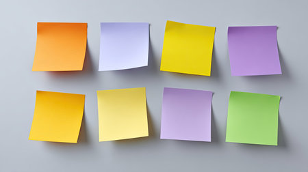 A vibrant arrangement of colorful sticky notes on a grey surface offers creative inspiration for organization, reminders, and enhancing productivity in various settings.の素材