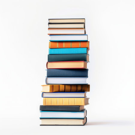 A visually appealing arrangement of stacked books in various colors and sizes against a minimalist white background, perfect for educational or decorative themes.の素材
