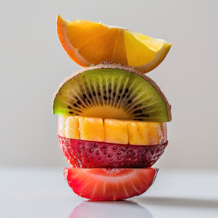 A visually appealing stack of vibrant fruit slices including orange, kiwi, strawberry, and mango. An ideal representation of healthy eating, freshness, and colorful nutrition.の素材