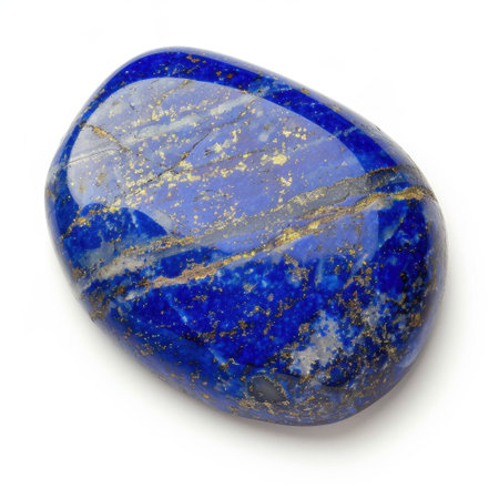 Close-up of a polished lapis lazuli gemstone showcasing its deep blue color with golden flecks. Perfect for educational projects, jewelry, or decorative use, this stone captures natural beauty.の素材