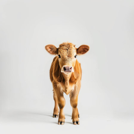 This charming image features a young calf standing gracefully against a simple white background, perfectly illustrating the purity and innocence of farm life.の素材