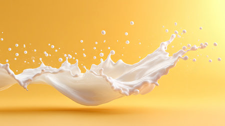 A striking image showcasing a dynamic splash of creamy milk against a bright yellow backdrop, perfect for culinary themes, beverage promotions, or artistic projects.の素材