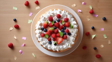 A vibrant cake topped with fresh berries and whipped cream, surrounded by colorful confetti. Perfect for celebrations, parties, and summer gatherings.の素材