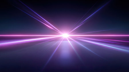 This striking abstract image features dynamic light rays in vibrant purple and blue hues, creating an enchanting illumination effect against a dark background.の素材