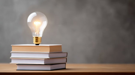 This image features a light bulb glowing atop a stack of books, representing the fusion of knowledge and inspiration in a simple, elegant composition.の素材