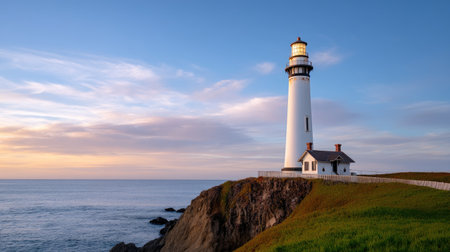 A stunning lighthouse perched on a rocky coastline captures the serene beauty of dawn as warm sunlight illuminates the sea and sky, creating a peaceful scene.の素材