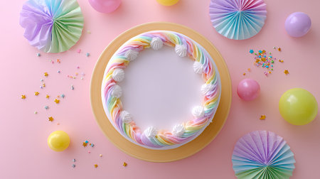 A vibrant pastel cake with delightful swirls and cream accents sits on a pink surface, surrounded by colorful party decorations, evoking a festive atmosphere.の素材