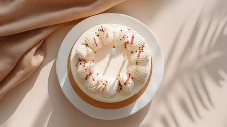 A stunning round cake topped with fluffy cream frosting and vibrant sprinkles, perfect for celebrations, showcasing a blend of elegance and sweetness in soft lighting.の素材
