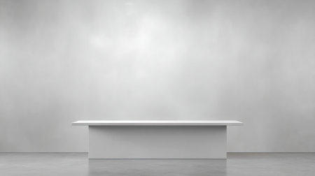 This image features a simple white table set against a soft grey wall, providing a serene backdrop perfect for various creative presentations and displays.の素材