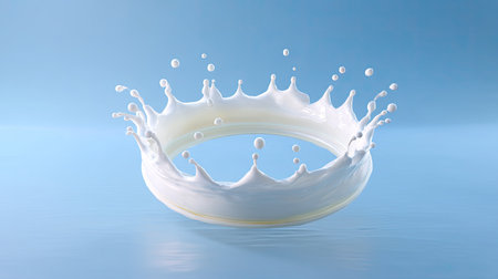 This striking image captures a dynamic white milk splash resembling a crown against a calming light blue background, emphasizing purity and fluid motion in photography.の素材