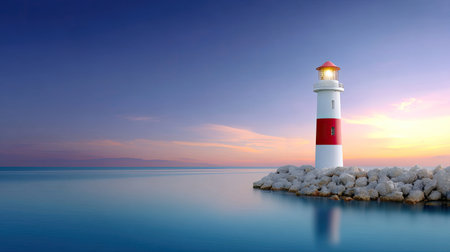 A picturesque scene featuring a lighthouse standing proudly by the calm sea, illuminated by the warm glow of twilight, framed by soft pastel skies and rocky shoreline.の素材