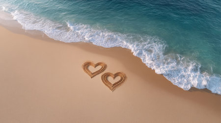 Two heart shapes created in soft sand on a picturesque beach, with gentle ocean waves caressing the shore, evoking feelings of love and tranquility.の素材