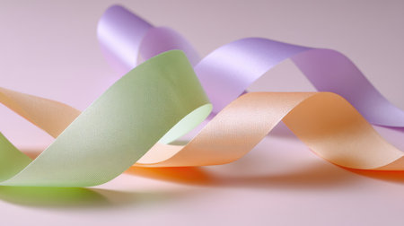 Captivating display of colorful silk ribbons in soft pastel shades of green, purple, and peach, perfect for creative projects, decorations, and artistic inspirations.の素材