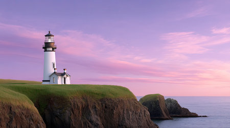 Majestic lighthouse perched on a rocky coastline, overlooking tranquil ocean waves. The vibrant pink and purple sky at sunset enhances this serene landscape.の素材