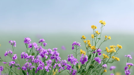 A stunning display of purple and yellow flowers stretches across a serene landscape, embodying the joyous spirit of spring and nature's vibrant palette.の素材