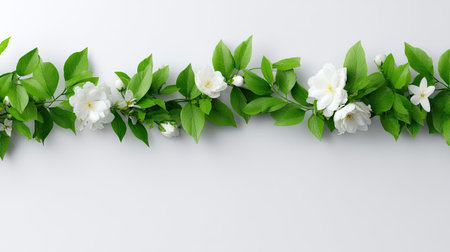 Delicate white flowers entwined with lush green leaves create a refreshing and tranquil arrangement suitable for various design projects. Perfect for backgrounds or decorations.の素材
