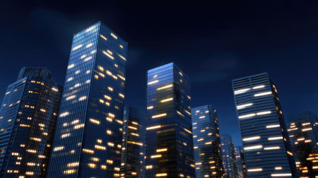 A stunning view of a modern skyline at night, featuring skyscrapers with bright, illuminated windows. This urban scene captures the vibrancy and energy of city life.の素材