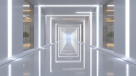 A bright and minimalist corridor featuring sleek design and futuristic lighting. The reflective floors and linear features create a serene atmosphere ideal for modern spaces.の素材