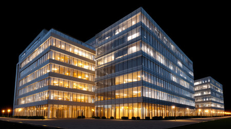 Stunning modern office buildings stand tall at night, adorned with warm lighting that enhances their sleek glass facades, embodying contemporary urban architecture.の素材