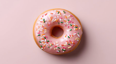 A mouthwatering pink frosted donut adorned with colorful sprinkles against a soft pink background, ideal for food photography and sweet treat promotions.の素材
