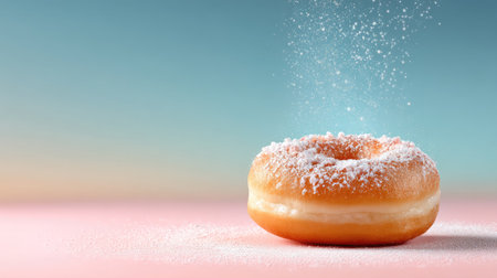 A beautifully styled image of a glazed donut with powdered sugar falling against a soft pastel background, perfect for food photography and dessert promotions.の素材