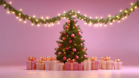 A charming Christmas tree adorned with colorful ornaments, surrounded by beautifully wrapped gifts and glowing lights, creating a delightful holiday atmosphere.の素材