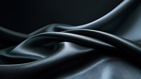 A stunning closeup of black satin fabric exhibiting soft folds and smooth texture, perfect for design projects, fashion themes, and elegant backgrounds.の素材