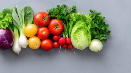 A vibrant display of fresh vegetables including lettuce, tomatoes, radishes, and herbs set against a gray background, perfect for promoting healthy eating and cooking.の素材