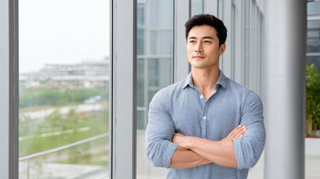 A confident man stands by a glass window in a modern office space, arms crossed, showcasing a calm and professional demeanor in a stylish outfit.の素材