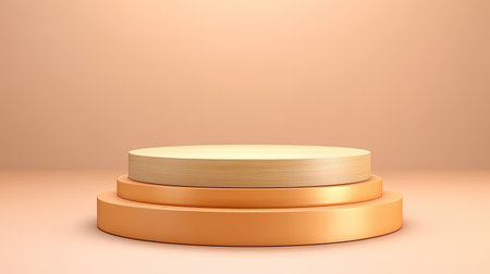 A minimalistic display platform featuring a wooden top and smooth orange bases, set against a soft peach background. Ideal for creative showcases or product presentations.の素材