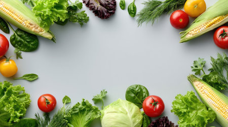 A vibrant collection of fresh vegetables and herbs arranged in a circular pattern on a light background, ideal for culinary projects or healthy eating presentations.の素材