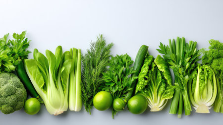 A stunning arrangement of fresh green vegetables and herbs on a light surface, showcasing vibrant colors and textures ideal for healthy cooking and meal preparation.の素材