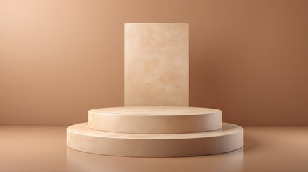 A serene backdrop featuring elegant circular platforms and smooth textures in warm, neutral tones, ideal for showcasing products, art, or photography in a minimalist setting.の素材