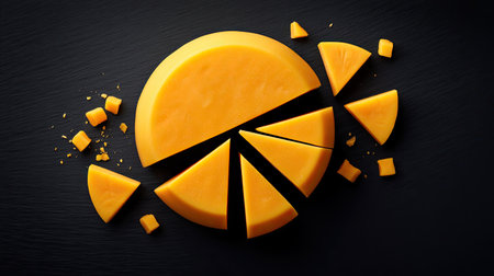 A visually appealing round cheese wheel cut into triangular slices and cubes, showcasing rich yellow color and texture against a dark background ideal for culinary art.の素材