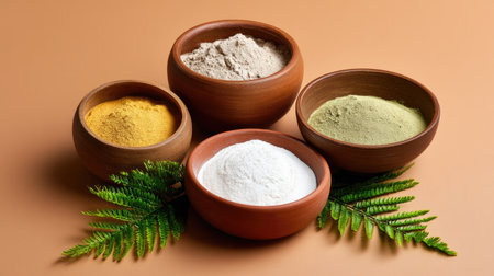 A beautiful display of assorted natural powders in wooden bowls set against a brown background. The addition of green fern leaves enhances the aesthetic. Ideal for culinary and wellness purposes.の素材
