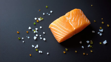 A vibrant raw salmon fillet rests on a dark background, surrounded by sea salt and colorful pearls. Ideal for culinary presentations and healthy meal ideas.の素材
