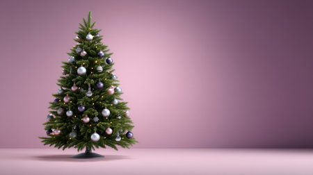 A charming Christmas tree adorned with delicate ornaments and twinkling lights, set against a soft purple backdrop, adding festive cheer to any holiday gathering.の素材