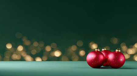 Celebrate the holiday spirit with this elegant image featuring three red ornaments, set against a green backdrop with soft bokeh lights, perfect for festive designs.の素材