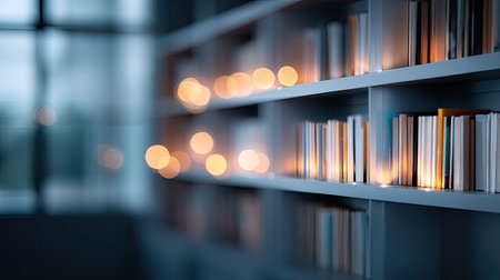 A beautiful library scene featuring softly lit bookshelves, creating a cozy and inviting atmosphere perfect for reading, study, and relaxation in a modern space.の素材