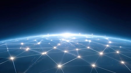 A captivating aerial view of Earth showcases glowing network connections and illuminated data points, symbolizing global communication and advanced digital technology.の素材