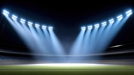 Bright spotlights create a dramatic ambiance over an empty sports field in a modern stadium at night, emphasizing the potential for excitement and performance.の素材