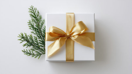 A beautiful white gift box adorned with a luxurious gold ribbon and a sprig of evergreen, ideal for any holiday celebration or special occasion.の素材