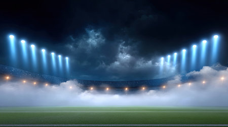 An atmospheric view of an empty stadium illuminated by bright spotlights amidst swirling fog. This image captures the essence of anticipation and excitement, ideal for sports or cinematic themes.の素材
